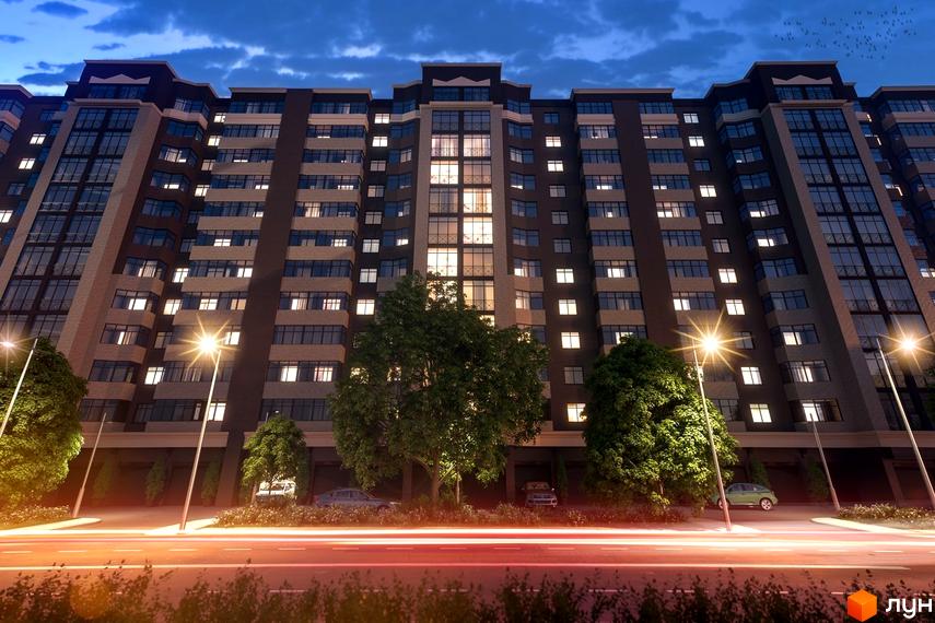 Зображення фасаду та прибудинкової території Житлового комплексу Корона Дубово ввечері. Багатоповерховий будинок з великою кількістю вікон, освітлений ліхтарями.