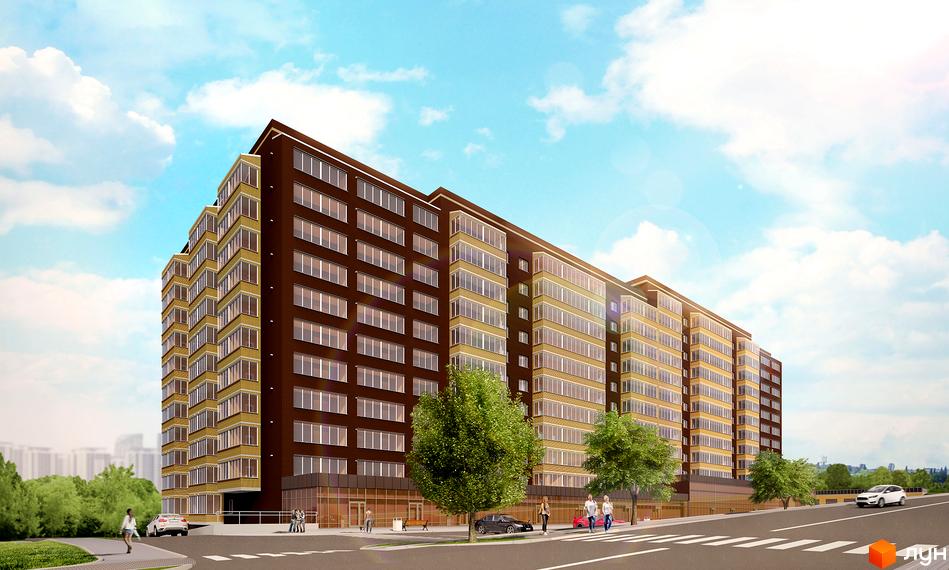 Зображення фасаду Житлового комплексу Шоколад. Багатоповерхова будівля з великою кількістю вікон та прилеглою територією.