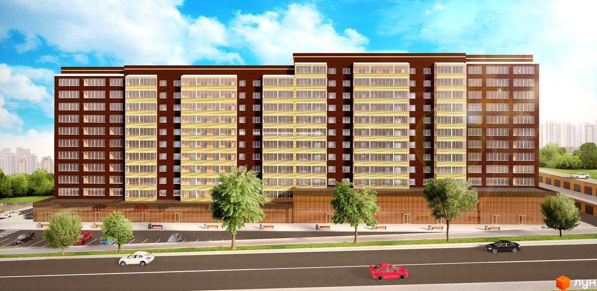 Житловий комплекс Шоколад: багатоповерховий будинок з коричневим фасадом та світлими балконами. Перед ним дорога, парковка та зелені насадження.