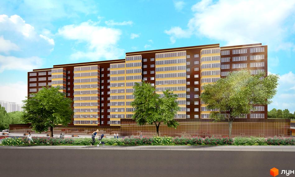 Зображення фасаду та прибудинкової території Житлового комплексу Шоколад. Багатоповерхова будівля з великою кількістю вікон та озелененням.