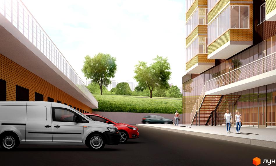 Зображення фасаду та прибудинкової території Житлового комплексу Шоколад. На фото видно автомобілі, пішохідну зону та озеленення.