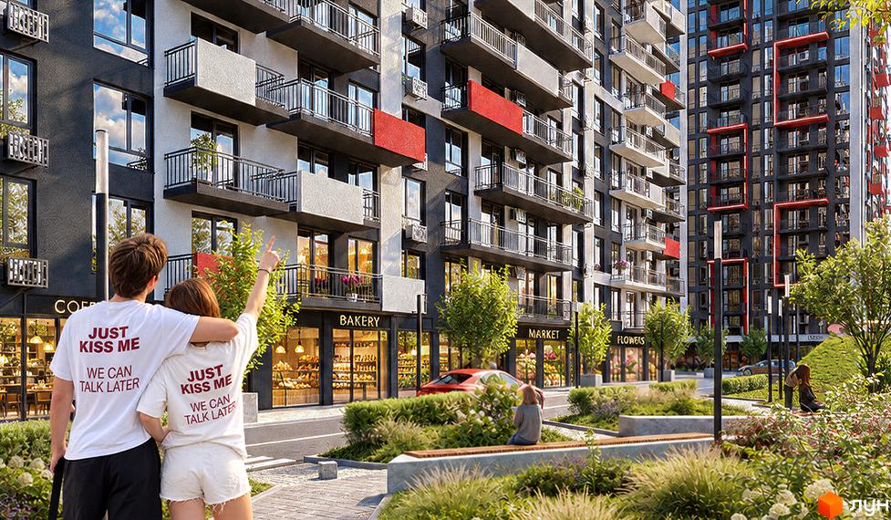 Багатоповерховий житловий комплекс Family Plaza 2 з балконами та комерційними приміщеннями на першому поверсі навколо озелененого двору з лавками.