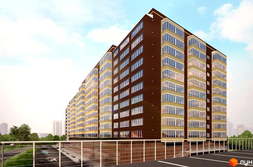 Новобудова Шоколад з багатоповерховим фасадом темно-коричневого кольору та світлими секціями балконів. На передньому плані парковка та зелена зона.