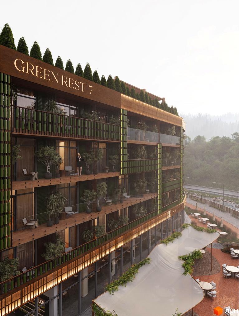 Архітектура новобудови Green Rest Seven з озеленені балкони, біля якої розташована затишна прибудинкова територія.