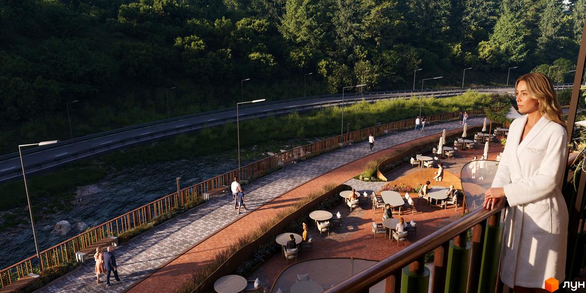 Житловий комплекс Green Rest Seven з терасою та зоною відпочинку біля річки. Навколо зелені ліси та дорога.