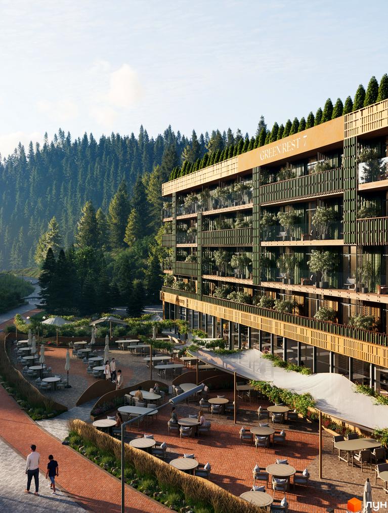 Будівельний проєкт Green Rest Seven з зеленими фасадами та балконами, оточений лісом. Тераса з столиками та парасолями для відпочинку.