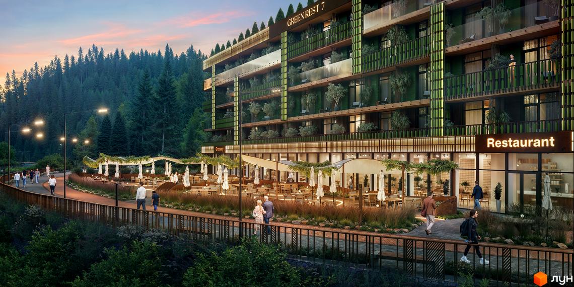 Житловий комплекс Green Rest Seven з фасадами, оздобленими зеленню, та зоною відпочинку з рестораном та доріжками для прогулянок.