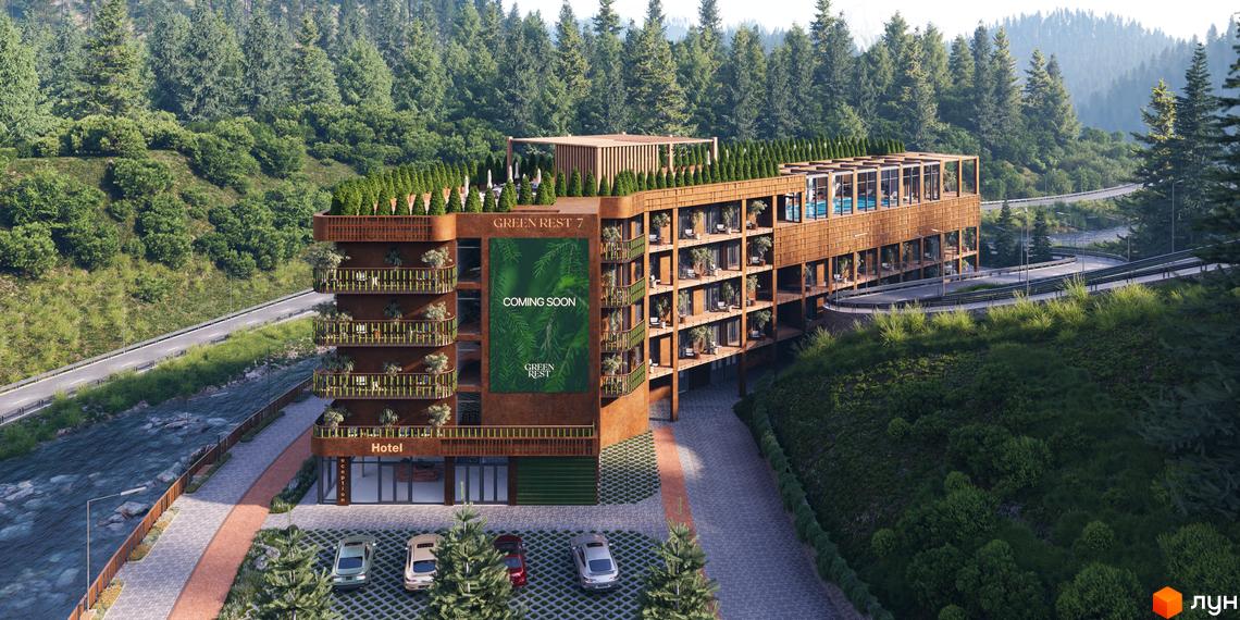 Житловий комплекс Green Rest Seven з дерев'яними фасадами та балконами, розташований біля річки та дороги серед лісу.
