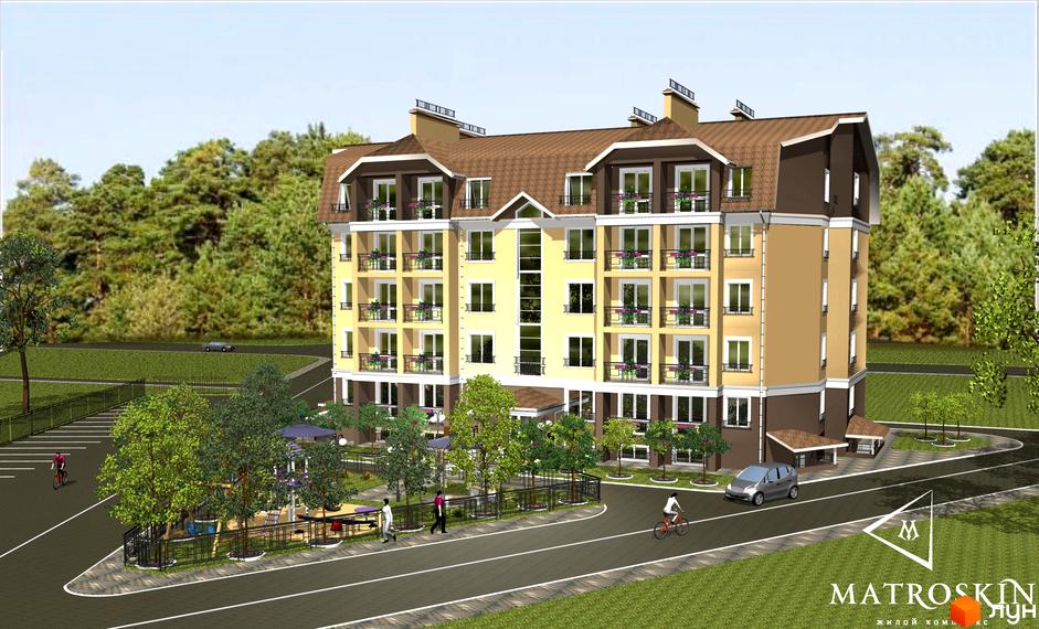 Зображення чотириповерхового будинку Житлового комплексу Matroskin з балконами та прибудинковою територією з деревами та дитячим майданчиком.