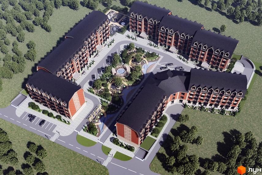 Житловий комплекс Затишний Бориспіль, архітектура в класичному стилі, з доглянутою прибудинковою територією та зонами відпочинку.