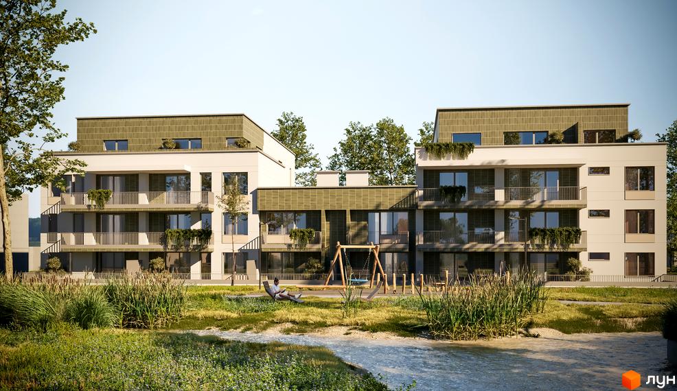 Житловий комплекс Eco City Park. Зовнішній вигляд будинку з балконами та дитячим майданчиком на прибудинковій території.
