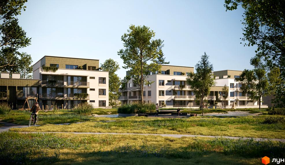 Житловий комплекс Eco City Park з сучасними фасадами та балконами, оточений зеленою прибудинковою територією з дитячим майданчиком та зонами відпочинку.