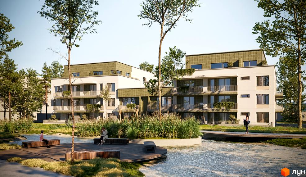 Житловий комплекс Eco City Park: сучасні будівлі з балконами та зеленими дахами, оточені деревами та водоймою. Прибудинкова територія з лавками та пішохідними доріжками.