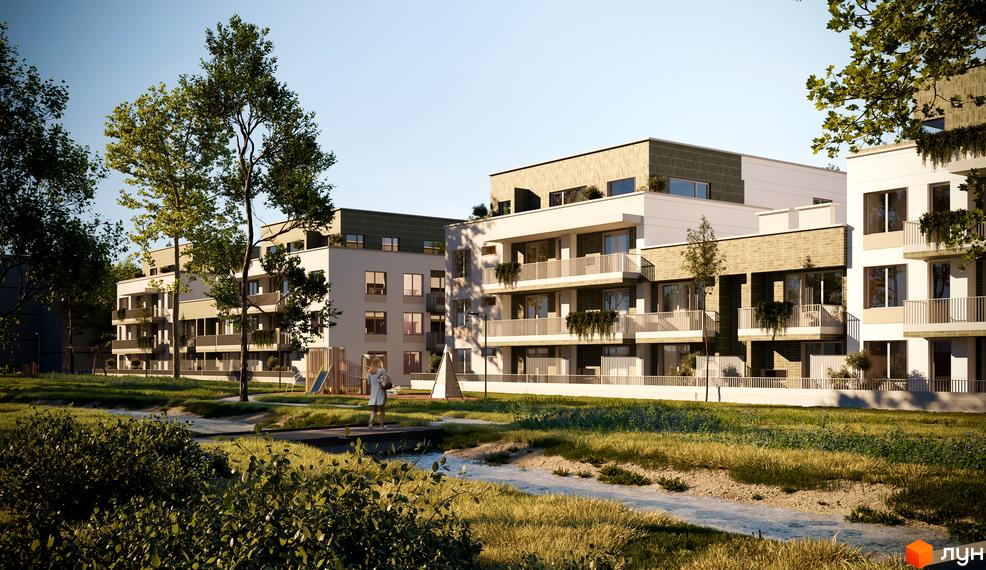 Житловий комплекс Eco City Park: фасади будівель з балконами та зеленню, дитячий майданчик та зелена зона відпочинку.
