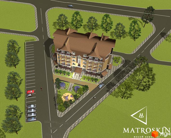 Житловий комплекс Matroskin з коричневим дахом та жовтим фасадом. На території є дитячий майданчик, парковка та зелені насадження.