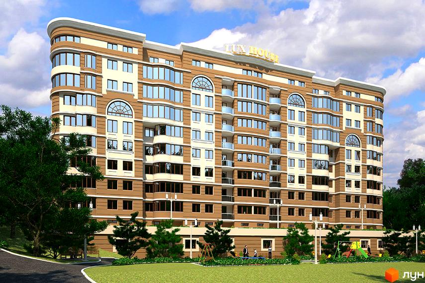 Зображення фасаду Житлового комплексу Lux House. Багатоповерхова будівля з великою кількістю вікон та озелененою прибудинковою територією.