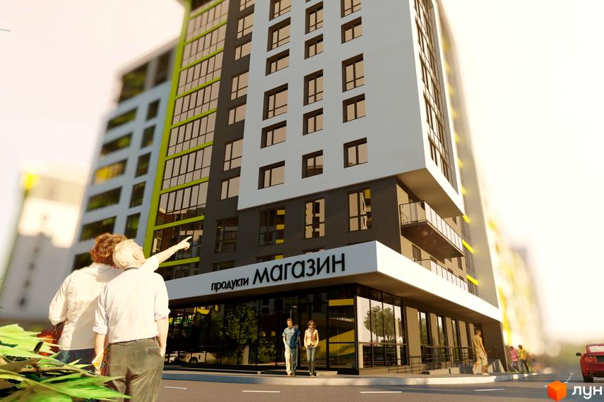 Багатоповерхівка у Квартал Енергія з біло-сірим фасадом. На першому поверсі розташований магазин з вітринним склінням.