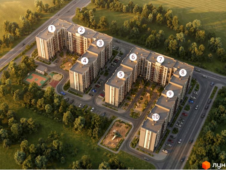 Житловий комплекс Onix: багатоповерхові будинки з панорамними вікнами та облаштовані дитячі майданчики на прибудинковій території.