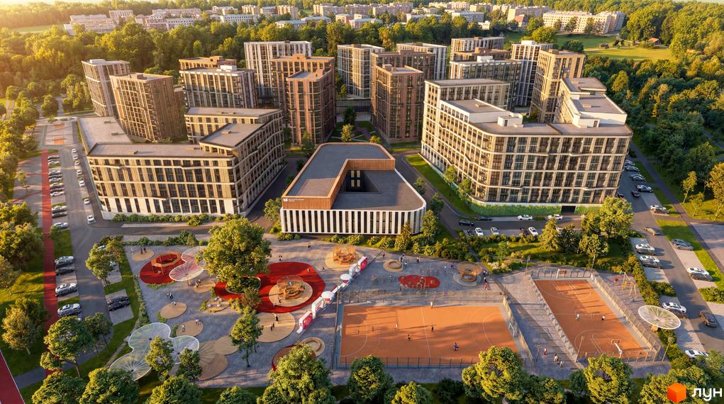 Новобудова ЖК Uptown із каскадною архітектурою та благоустроєною прибудинковою територією з дитячими й спортивними майданчиками.