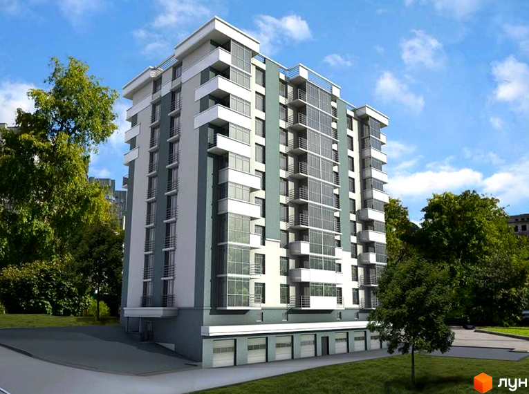 Новобудова на вул. Міцкевича, 130: багатоповерховий житловий будинок сіро-білих відтінків з балконами та гаражами, оточений зеленими деревами.