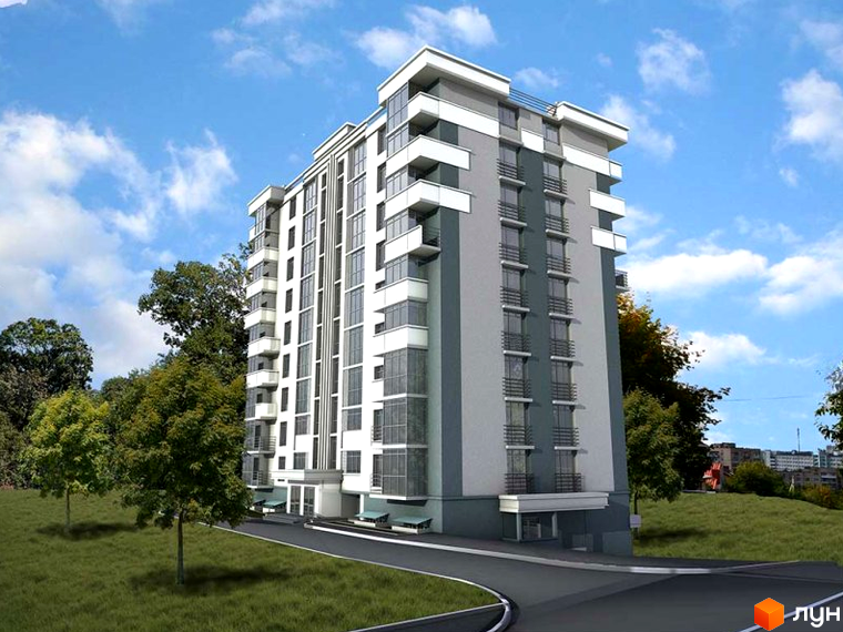 Новобудова на вул. Міцкевича, 130: багатоповерховий будинок з сіро-білим фасадом, оточений доглянутою зеленою територією та під'їзною дорогою.