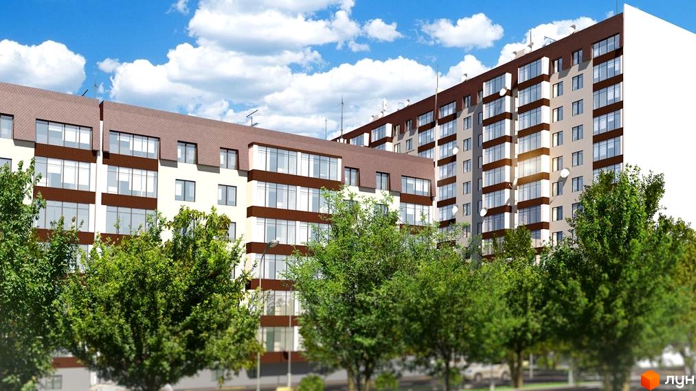 Зображення фасаду та прибудинкової території Новобудови Мкрн „Всесвіт“. Багатоповерховий будинок з великими вікнами та зеленими насадженнями навколо.