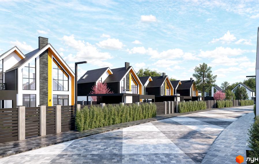Котеджне містечко КМ Ovillas: фасади будинків з великими вікнами та чорними дахами, огороджена територія з доглянутими зеленими насадженнями та бруківкою.