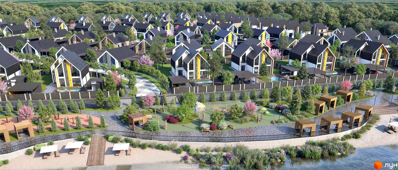 Котеджне містечко Ovillas: фасади будинків з жовтими акцентами та чорними дахами, зелена територія з дитячим майданчиком та зонами відпочинку біля води.