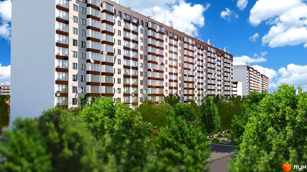Житловий район „Всесвіт“: багатоповерхові будинки зі світлими фасадами, коричневими балконами та супутниковими антенами, серед зелених дерев.