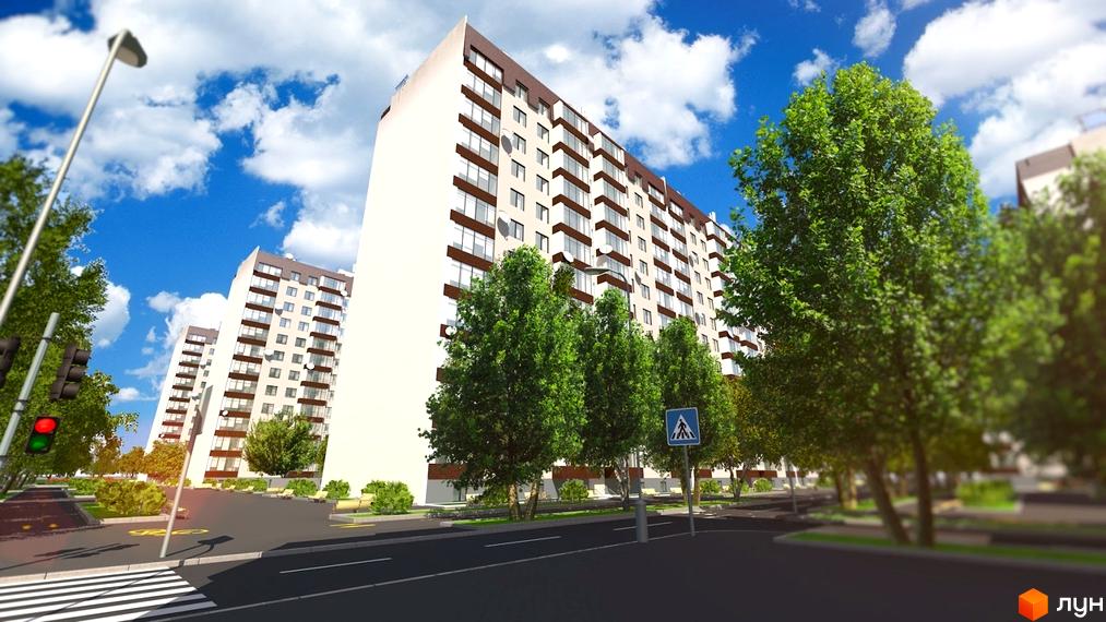 Багатоповерхові будинки Мкрн „Всесвіт“ з світлими фасадами та коричневими елементами. Навколо будинків облаштована територія з дорогами, зеленими деревами та пішохідними доріжками.