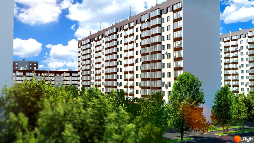 Зображення фасаду багатоповерхового будинку в Житловому районі „Всесвіт“. На передньому плані зелені дерева, що створюють затишний вигляд.