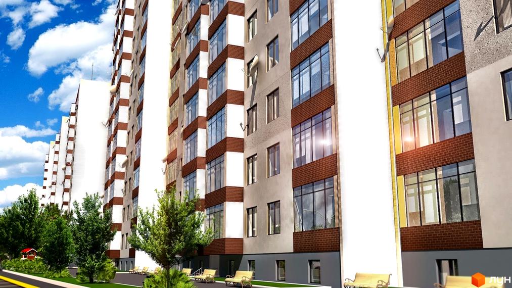 Зображення багатоповерхового будинку у Житловому районі „Всесвіт“. На передньому плані зелені насадження та лавки для відпочинку.