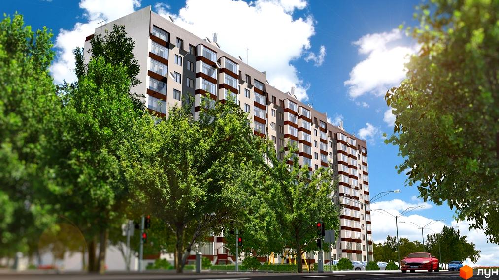 Зображення багатоповерхового будинку в Житловому районі „Всесвіт“ на тлі зелених дерев та блакитного неба. Вигляд фасаду з вікнами та балконами.