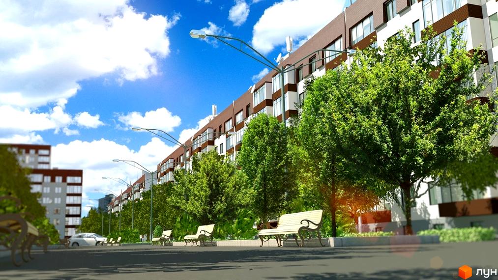 Багатоповерховий будинок Мкрн „Всесвіт“ з коричнево-білим фасадом та великими вікнами. Прибудинкова територія облаштована зеленими деревами, лавками та вуличними ліхтарями.