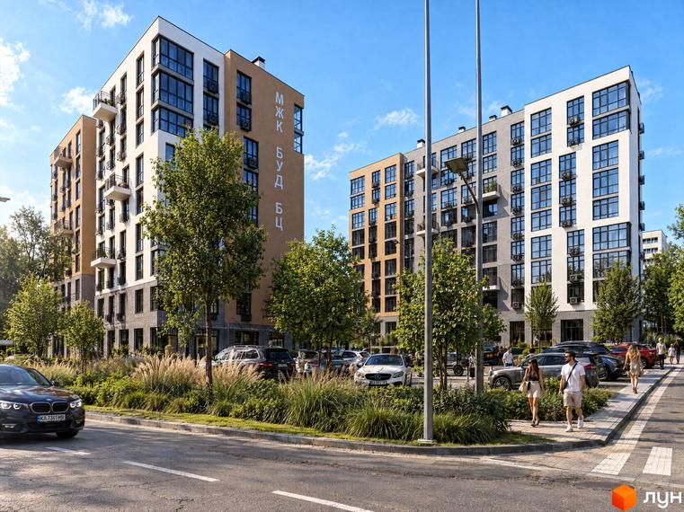 Житловий комплекс TWINS RESIDENCE: білі та бежеві фасади будівель, зелена прибудинкова територія, парковка та доріжки з людьми.