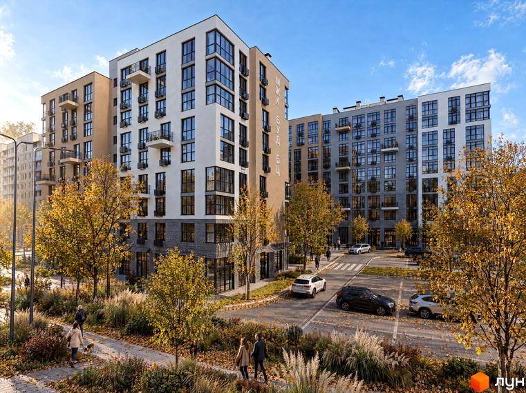 Житловий комплекс TWINS RESIDENCE: білі і бежеві будинки з панорамними вікнами та облаштований внутрішній двір з парковкою.