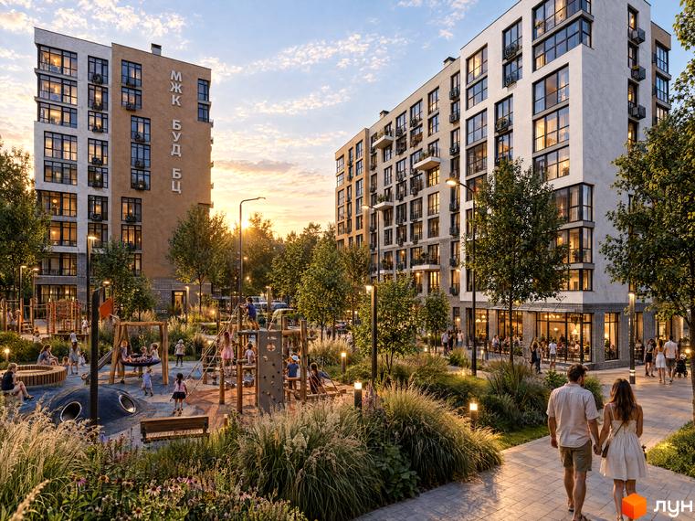 Архітектура будівель ЖК TWINS RESIDENCE та облаштована прибудинкова територія з дитячим майданчиком і прогулянковою алеєю.