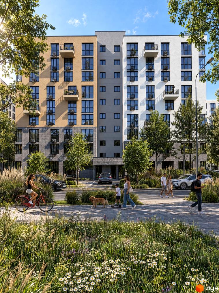Фасад житлового комплексу TWINS RESIDENCE поєднує жовті, сірі та білі блоки. На доглянутій прибудинковій території зелені насадження і пішохідні доріжки.