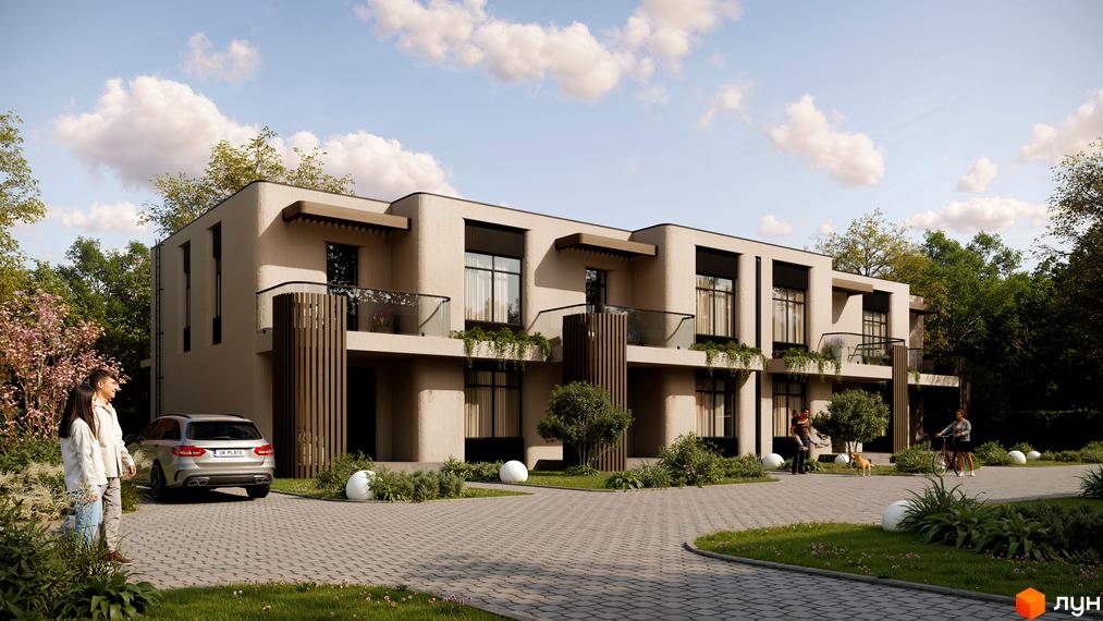 Двоповерховий будинок КМ Sofia Village з балконами і терасою, бруківка на прибудинковій території з авто та деревами.