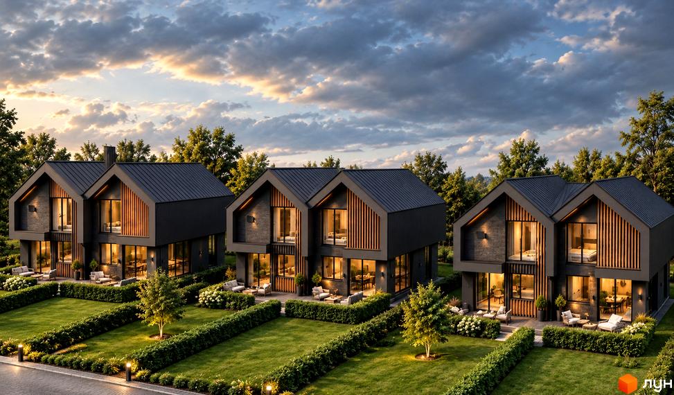 Котеджне містечко BASS cottage з темними двоповерховими будинками, панорамними вікнами, доглянутим газоном та живими огорожами.