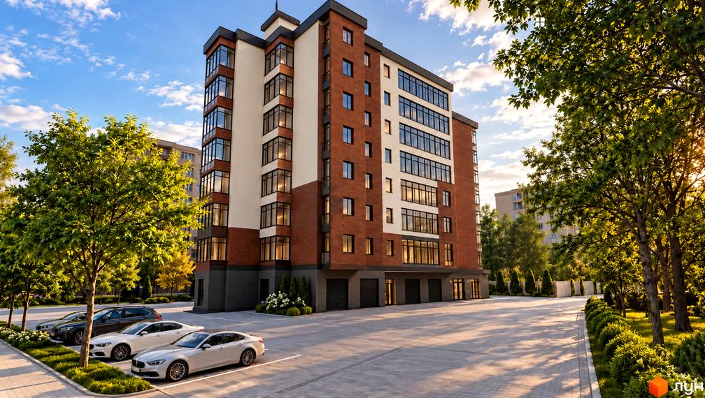 Фасад новобудови ЖК ПАРК+ з червоної цегли та панорамними вікнами, поряд розташована бруківкова парковка з автомобілями.