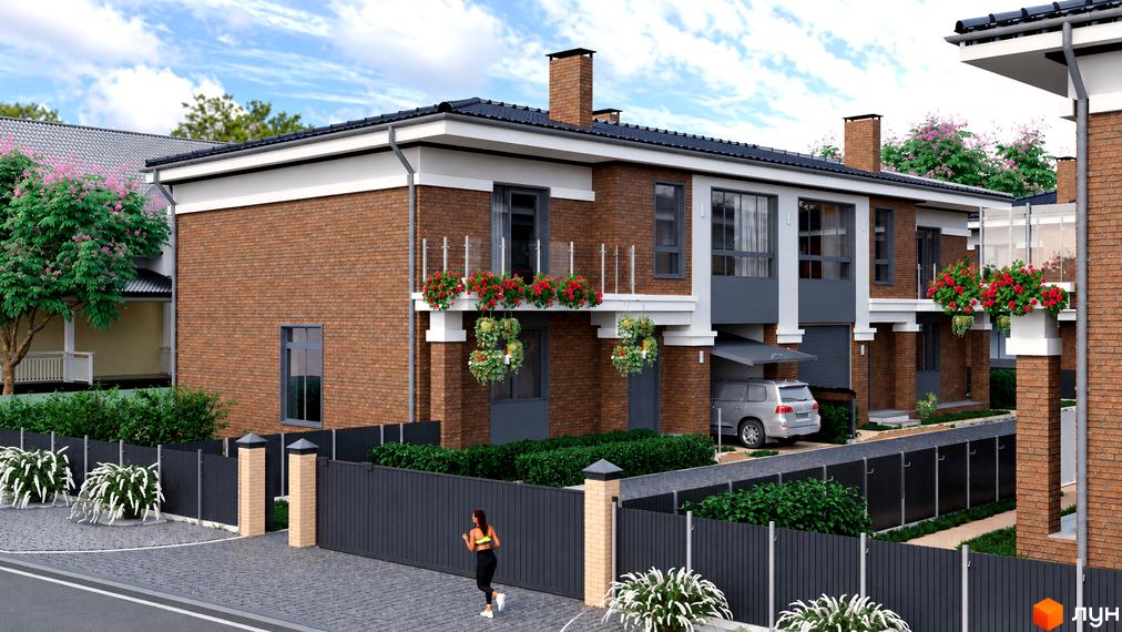 Дуплекси RAIT HOUSE з цегляними фасадами, темними дахами та балконами з квітами. Прибудинкова територія має огорожу, зелені насадження та бруківку.