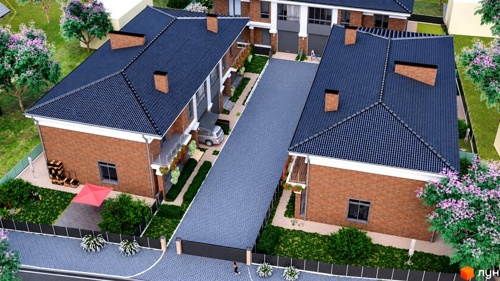 Дуплекси RAIT HOUSE з темно-синіми черепичними дахами та цегляними фасадами. Прибудинкова територія має зелені газони, дерева та бруковані проїзди.