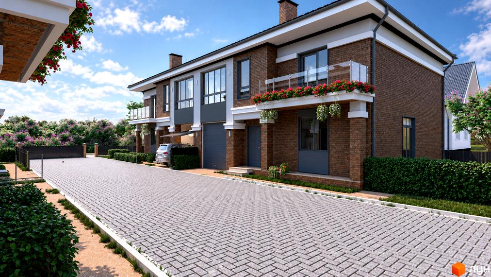 Дуплекси RAIT HOUSE: двоповерхові будинки з цегляним фасадом, темними вікнами та балконами з квітами. Перед ними брукована дорога та зелені насадження.