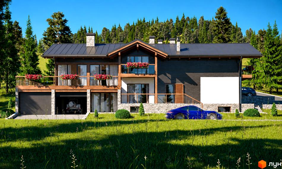 Двоповерховий будинок таунхауса Swiss Chalet з темним дахом та великими вікнами, перед яким розташований зелений газон з автомобілем.