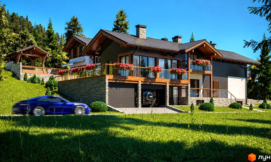Двоповерховий котедж Таунхаус Swiss Chalet з темним дахом, терасою у квітах та гаражем, перед яким їде синій автомобіль на зеленій галявині.