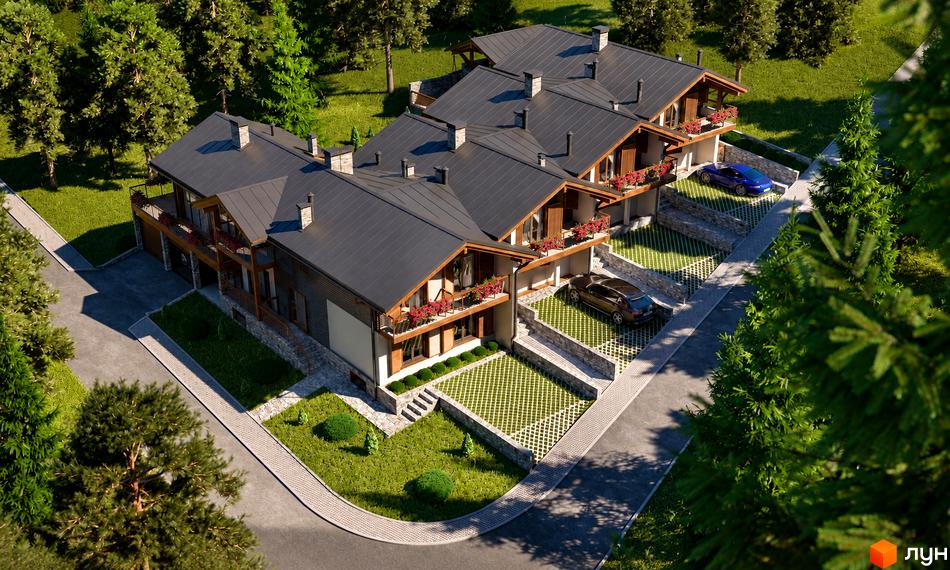 Таунхаус Swiss Chalet: ряд будинків з темними дахами, дерев'яними балконами з квітами та індивідуальними парковками. Навколо зелені газони та дерева.