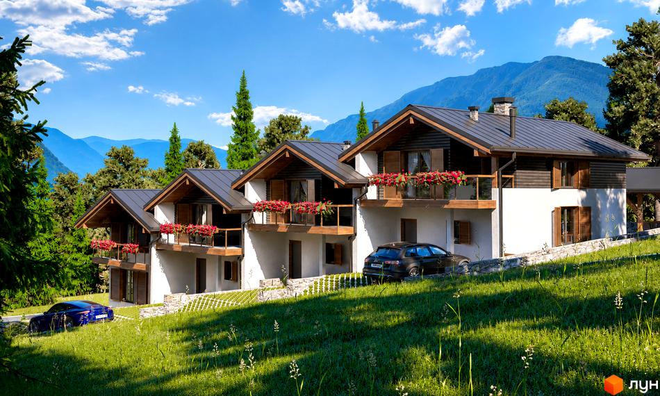 Таунхаус Swiss Chalet: будинки у стилі шале з темними дахами, дерев'яними елементами та балконами з квітами. На схилі серед гір та дерев.