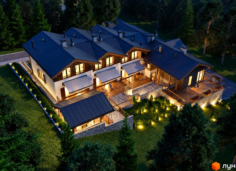 Двоповерховий котедж Таунхаус Swiss Chalet з темним дахом, балконами та підсвіченою зеленою прибудинковою територією.