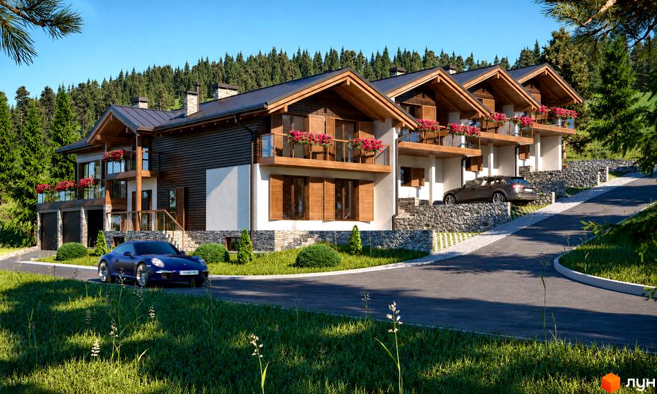 Фасад таунхауса Swiss Chalet з балконами та клумбами квітів, перед будинком асфальтована дорога, газон і дві припарковані автівки.